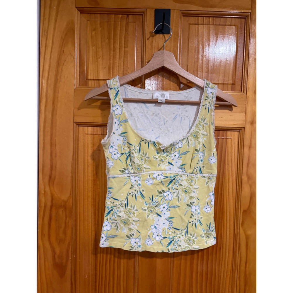 Ann Taylor LOFT Y2K Baby Yellow Floral Lace Trim Cami Top Coquette Cottagecore